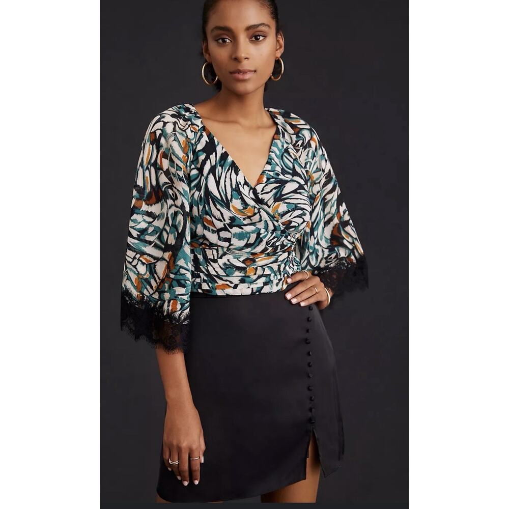 By Anthropologie Flutter Sleeve Lace‎ Wrap Around Top Small